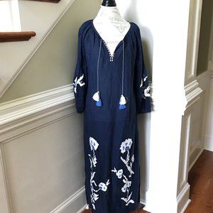 Anthropologie Embroidered Maxi Dress Womens Large Navy Blue Tassels V-Neck White